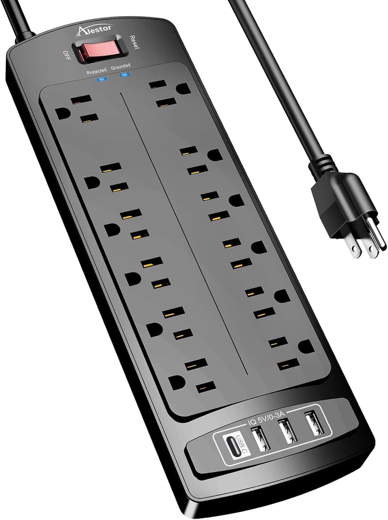 ALESTOR Surge Protector with 12 Outlets & 4 USB Ports