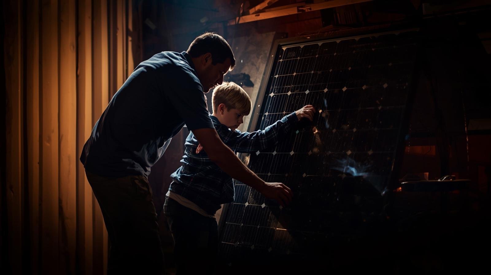 Father and son preparing the back of a solar panel.
