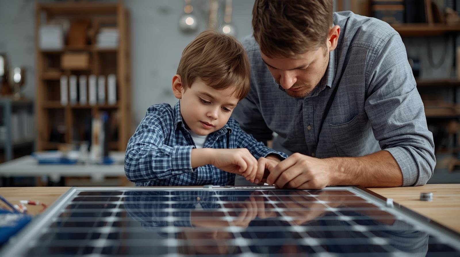 Father and son working on a solar panel.