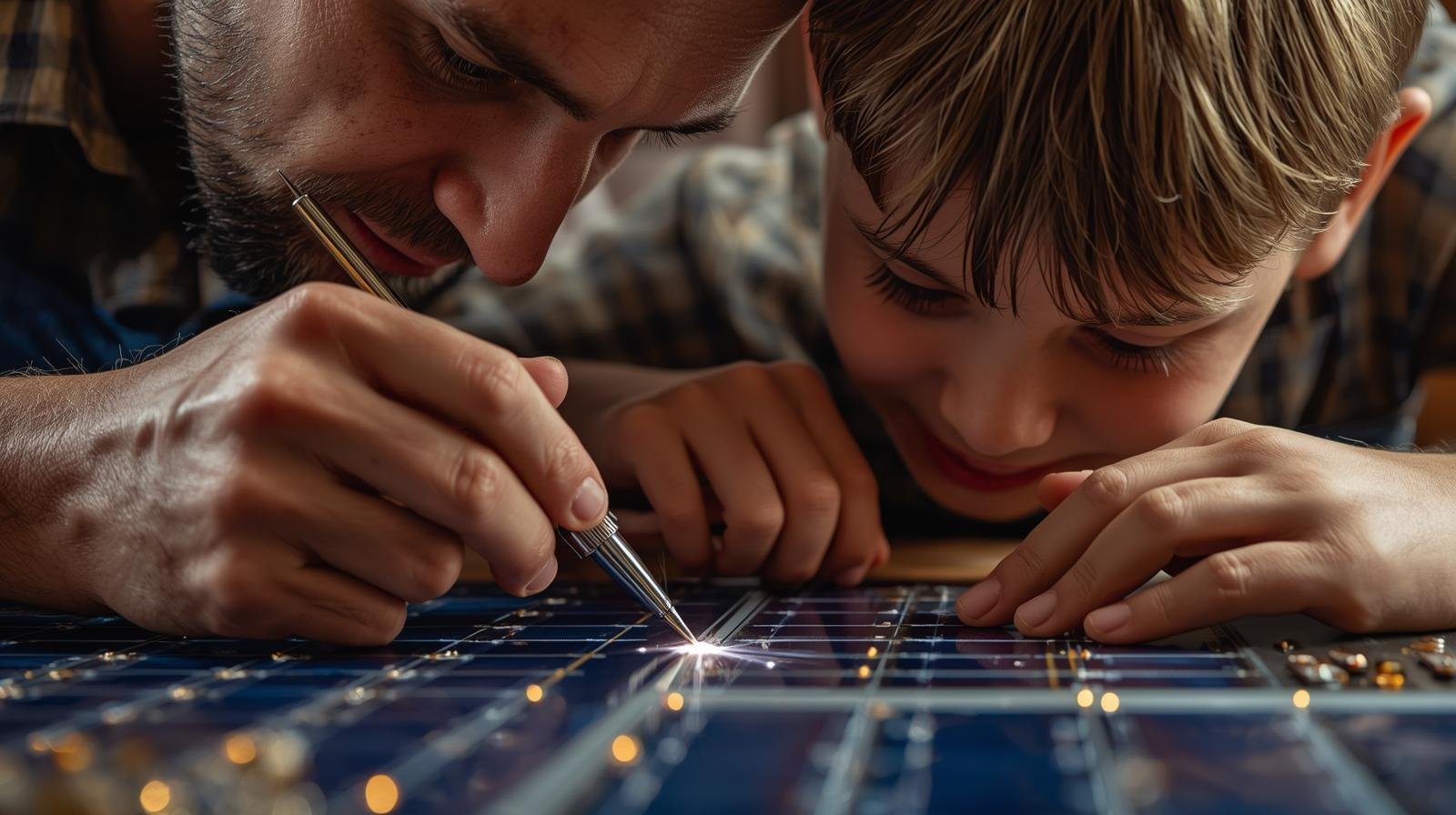 Father and son sell soldering a solar panel together.