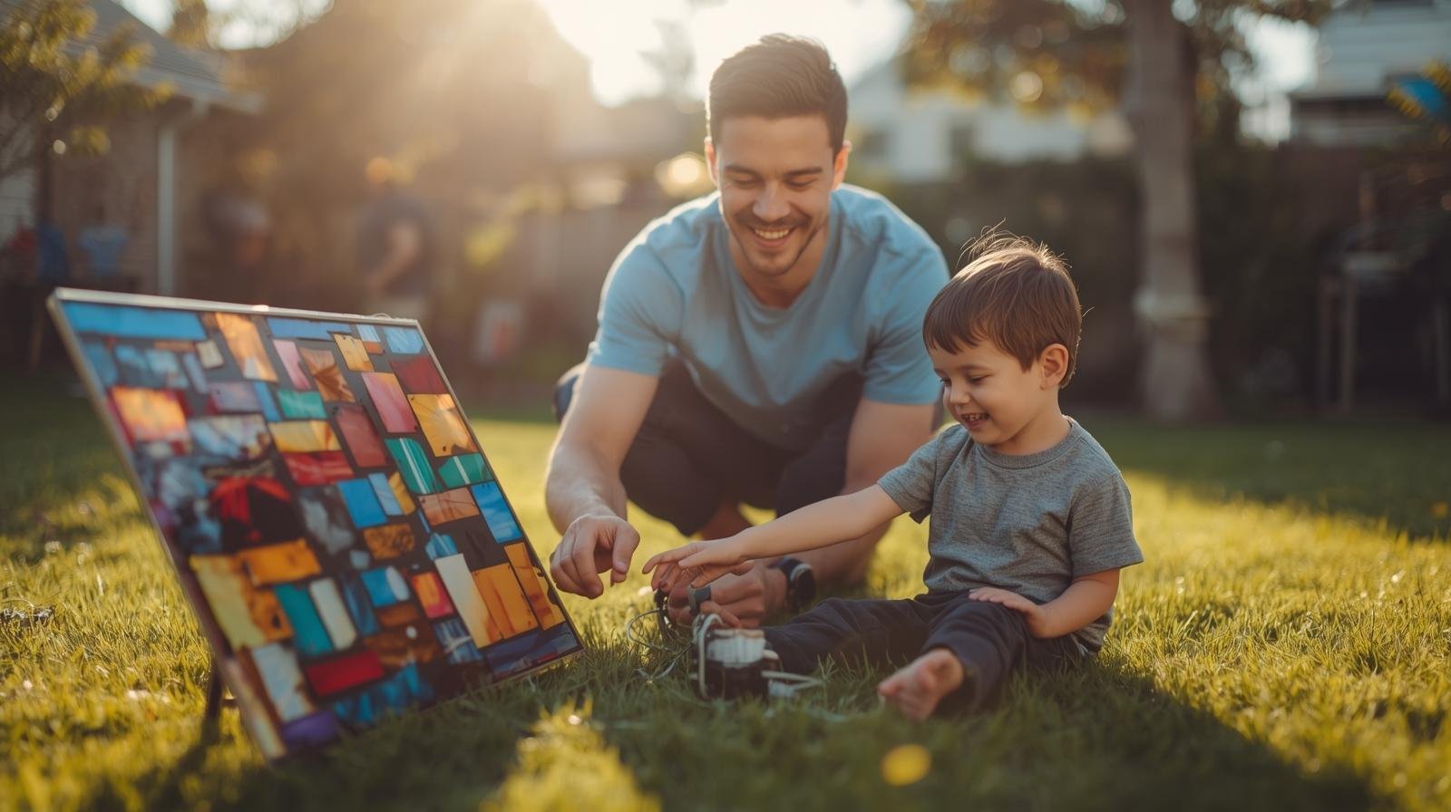 Father and son testing out homemade solar panel